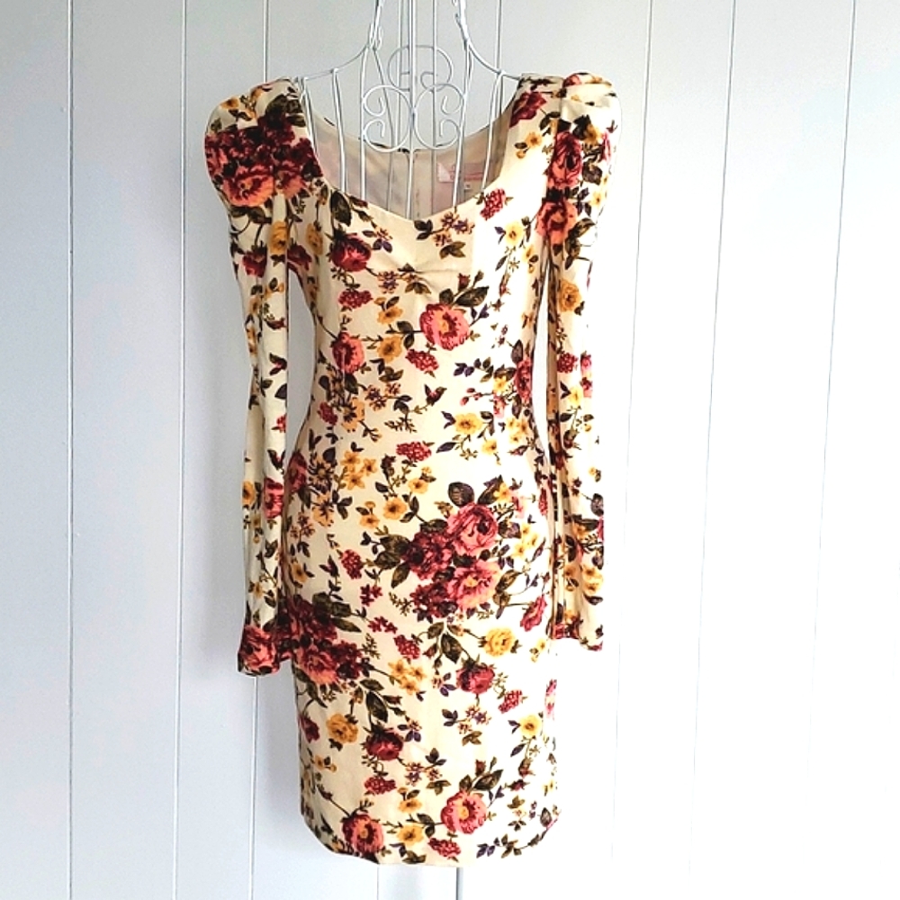 Dabuwawa Pink Floral Knit Bodycon Ivory Dress Square Neck Puff Shoulder Size M